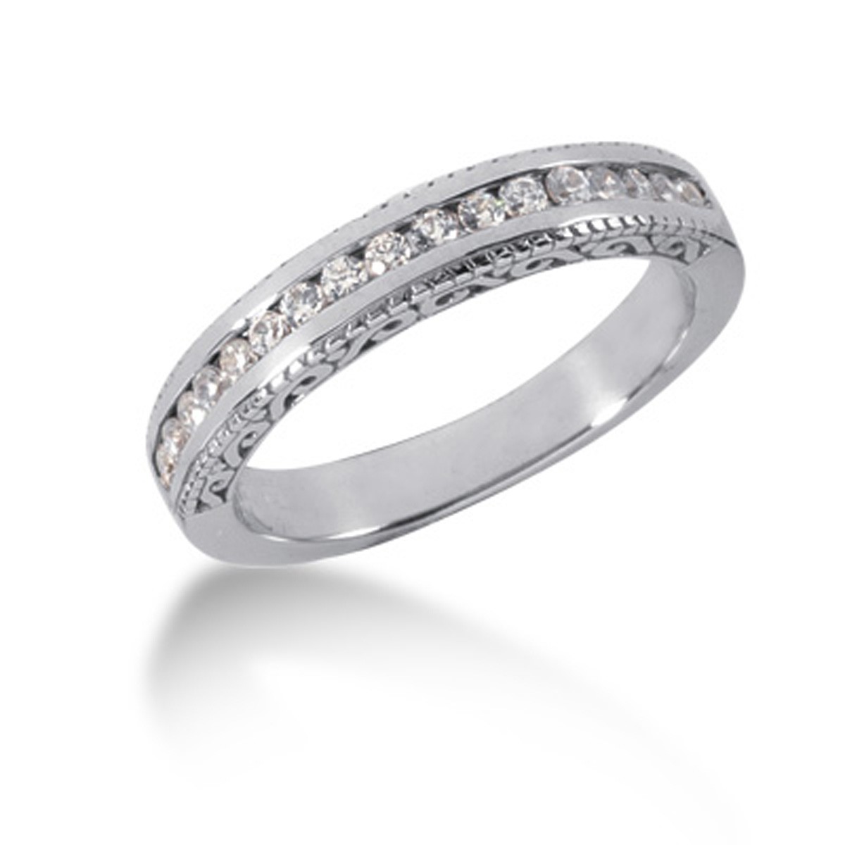 Engraved Diamond Channel Set Wedding Ring Band in 14k