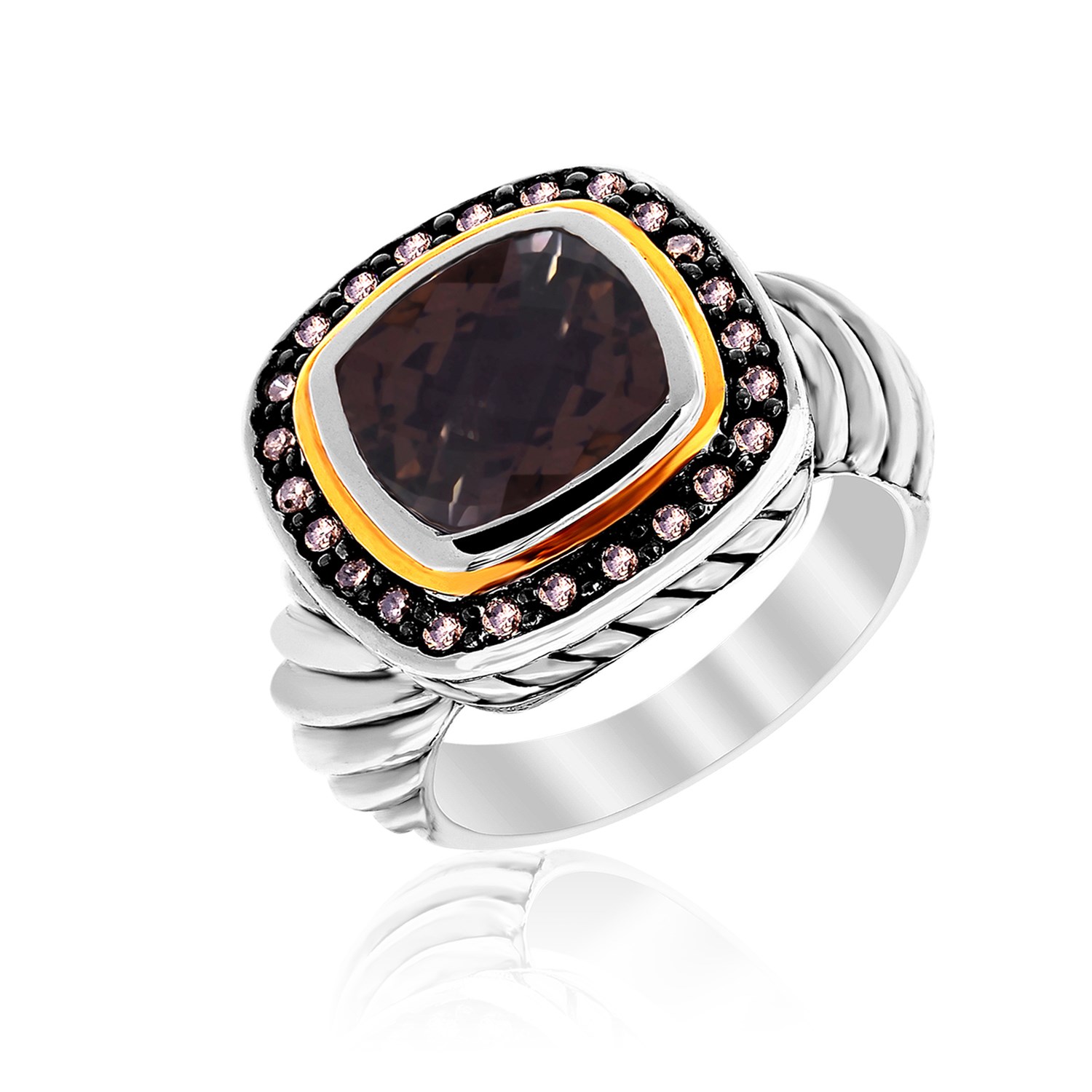 Smokey Quartz and Diamond Ring in 18K Yellow Gold and Sterling Silver