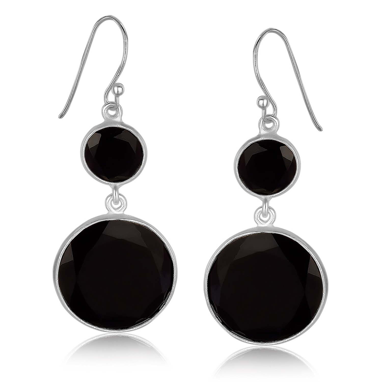 Round Black Onyx Embellished Dangling Earrings in Rhodium Plated ...