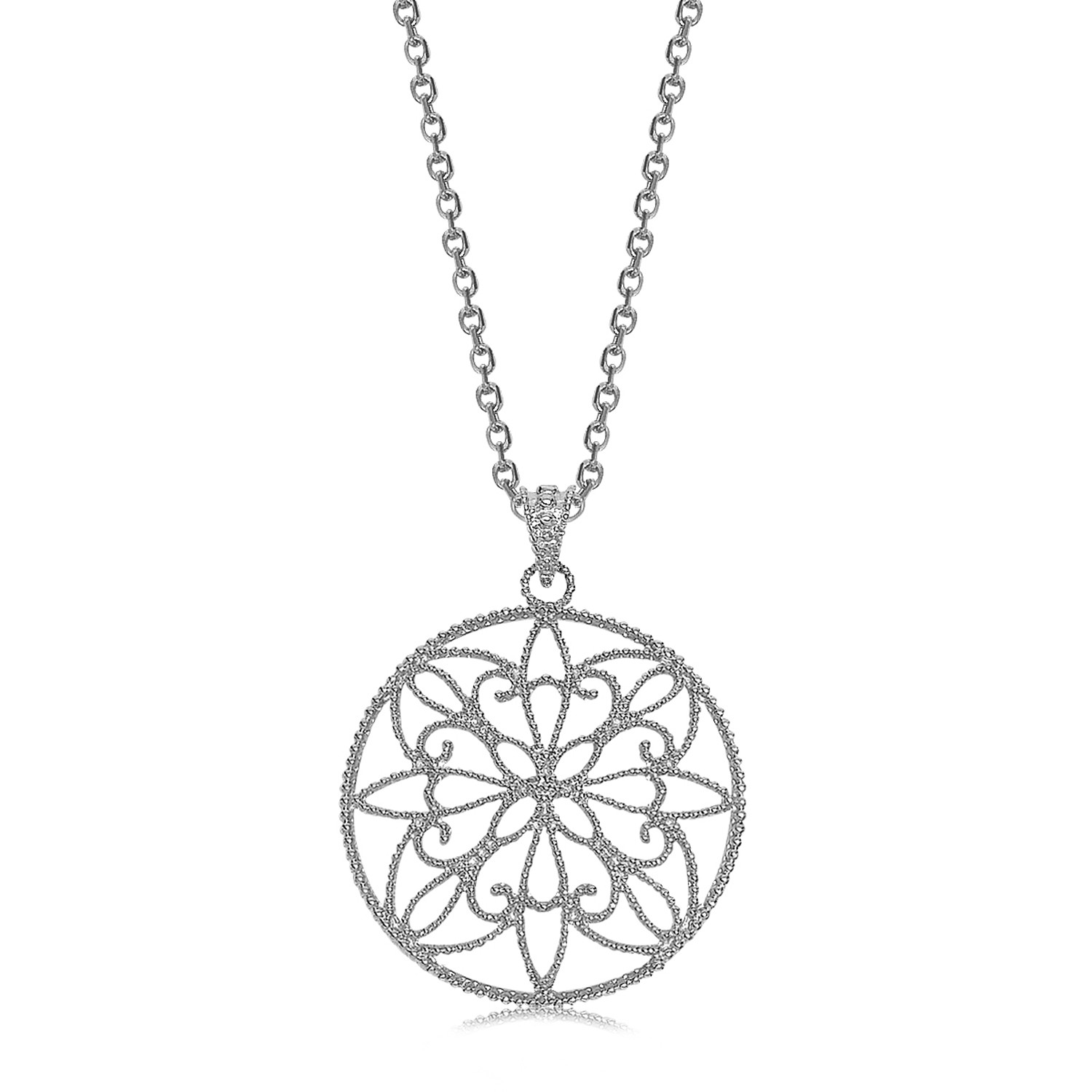 Round Filigree Style Pendant in Rhodium Plated Sterling Silver ...