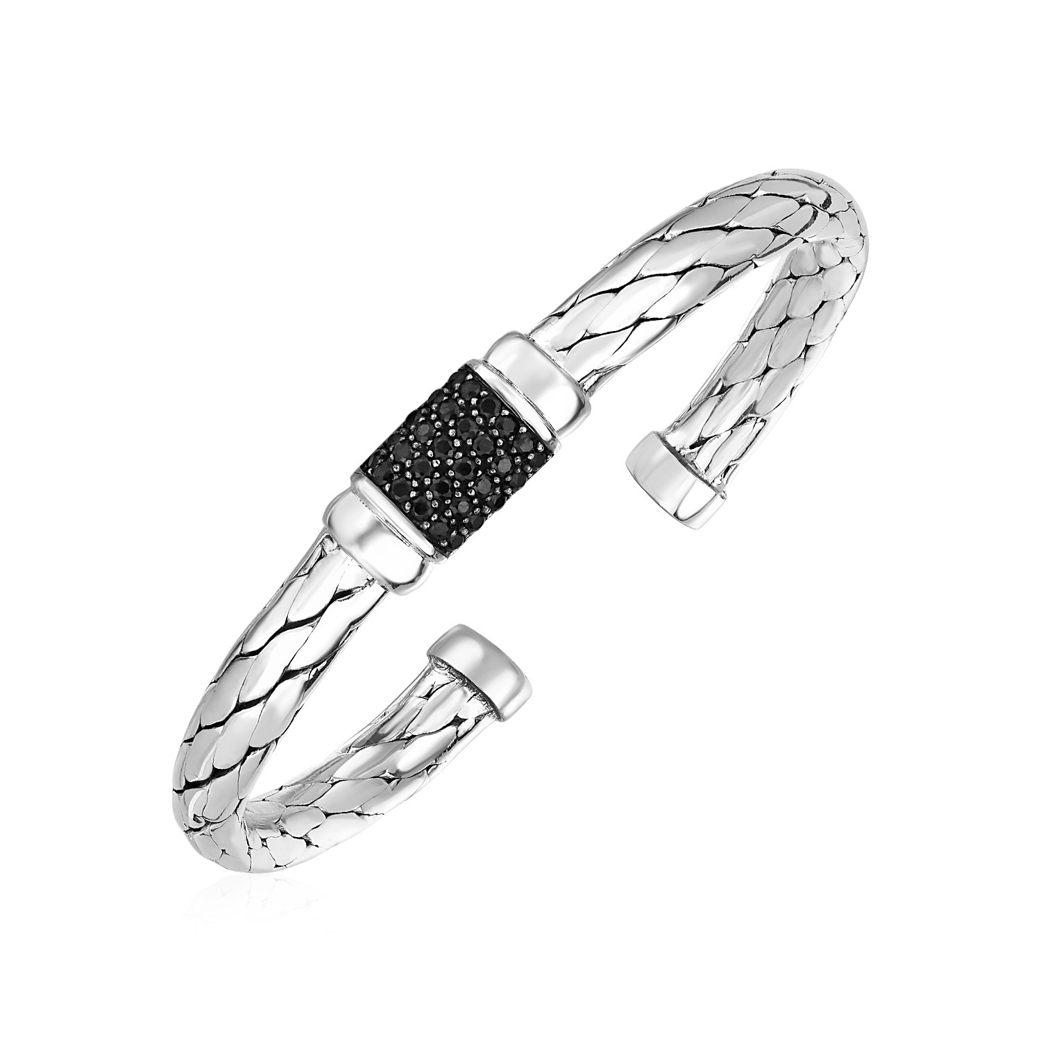 Woven Rope Cuff Bracelet with Black Sapphire Accents in Sterling Silver ...