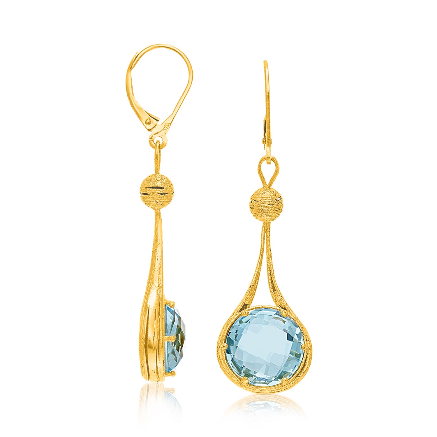 Fancy Drop Ball Type Blue Topaz Dangling Earrings in 14K Yellow Gold ...