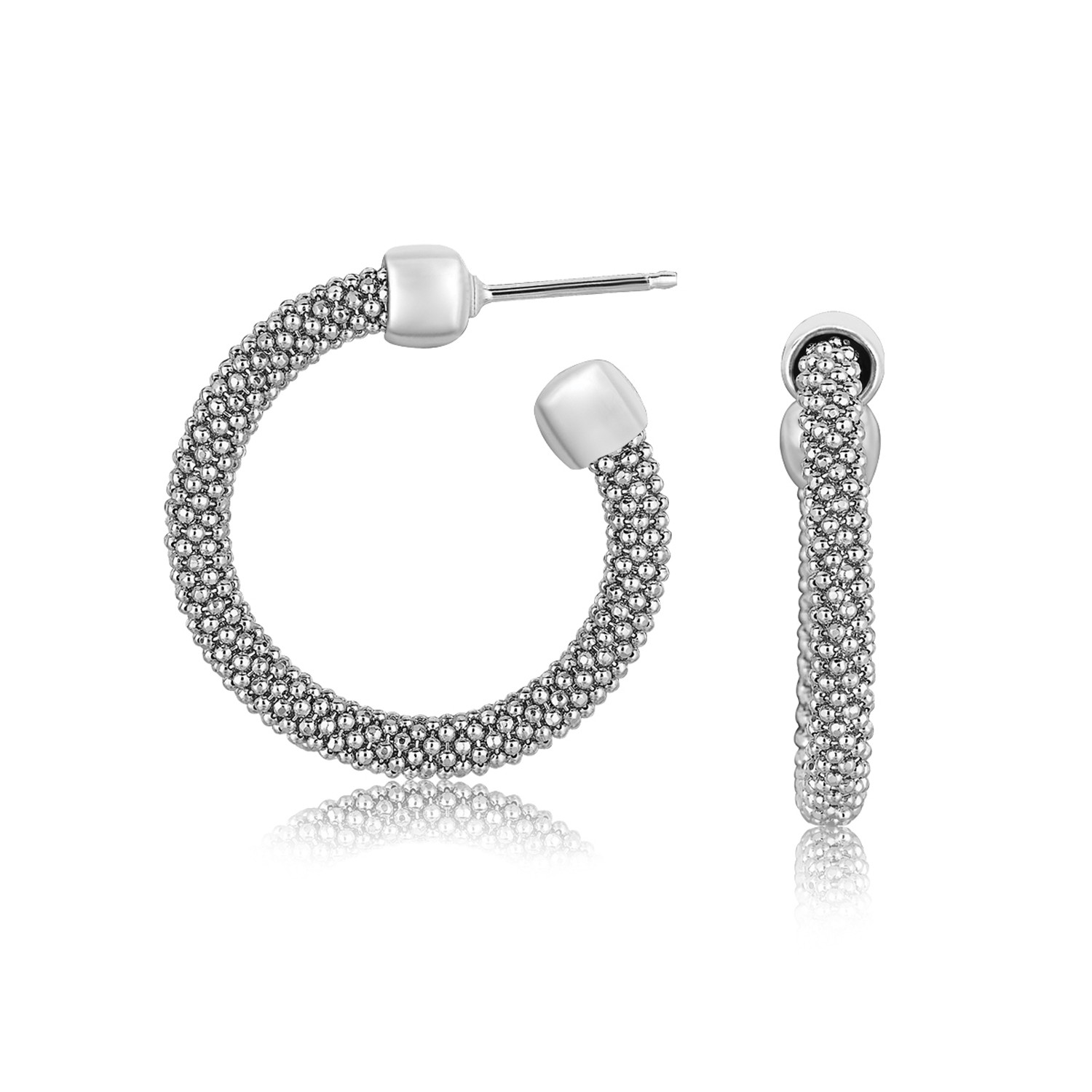 Popcorn Style Hoop Earrings with Polished Ends in Rhodium Plated ...