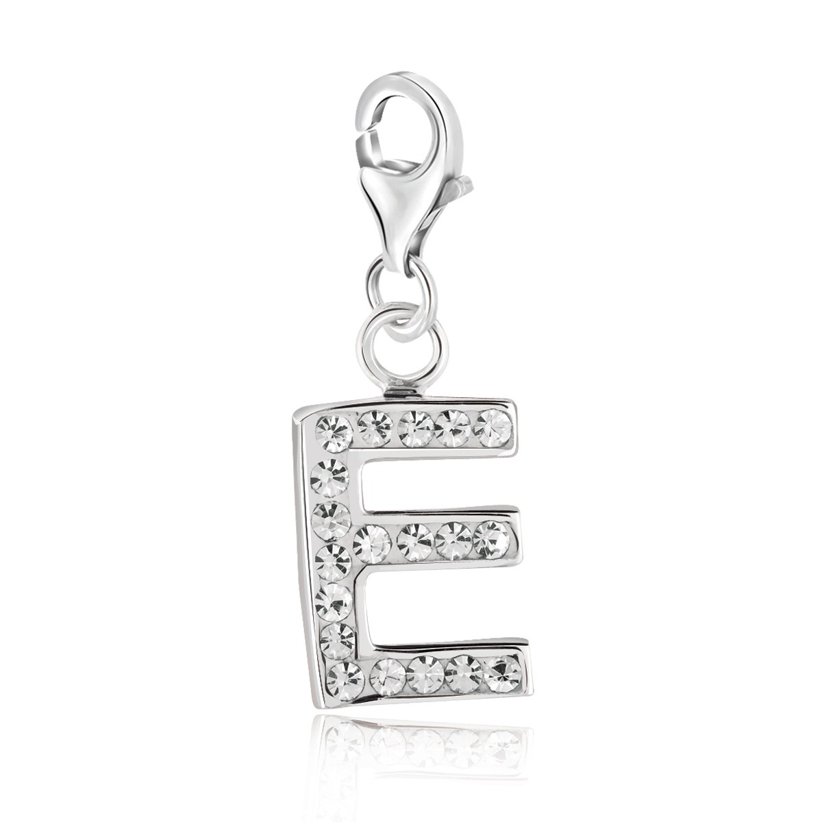 Letter E Charm with White Tone Crystal Accents in Sterling Silver ...