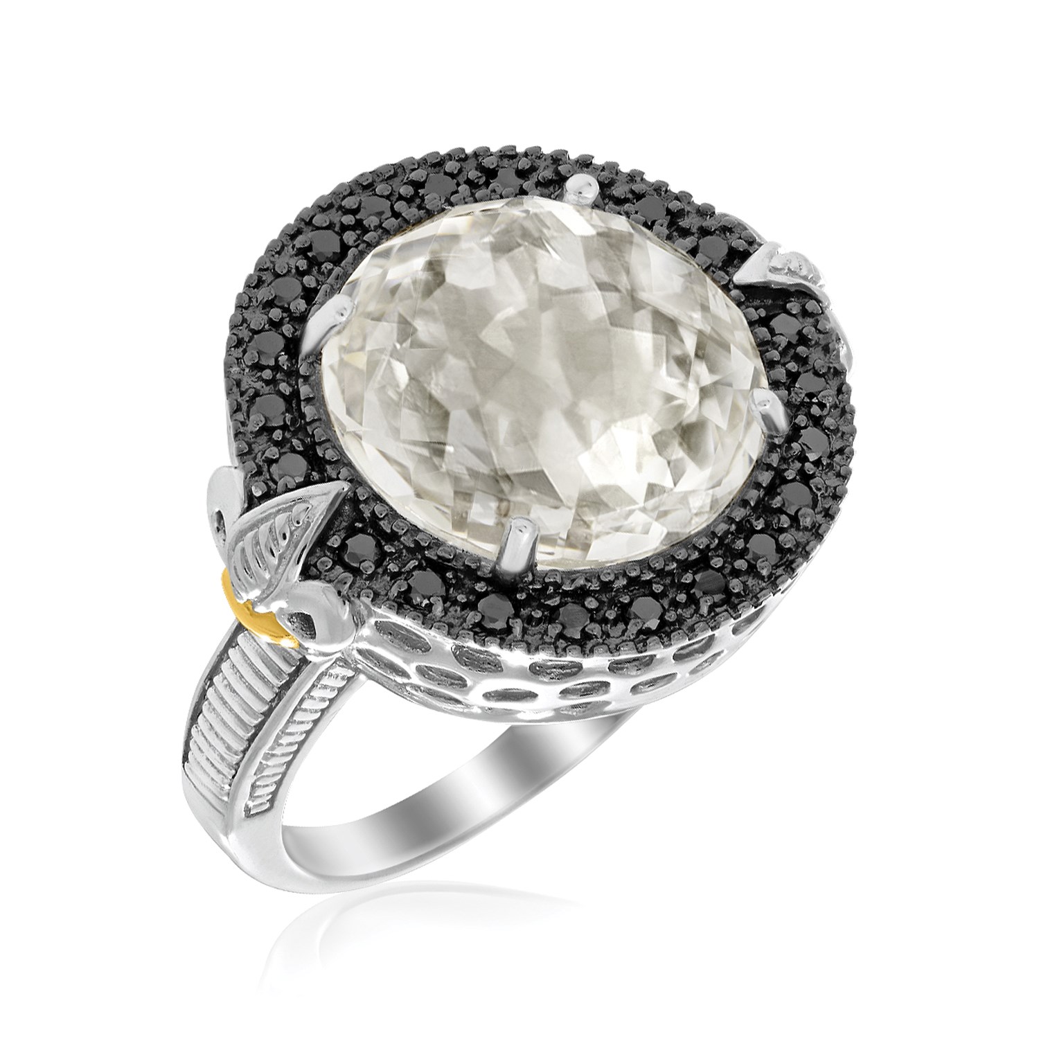 Round Rock Crystal and Black Diamonds Fleur De Lis Ring in 18K Yellow