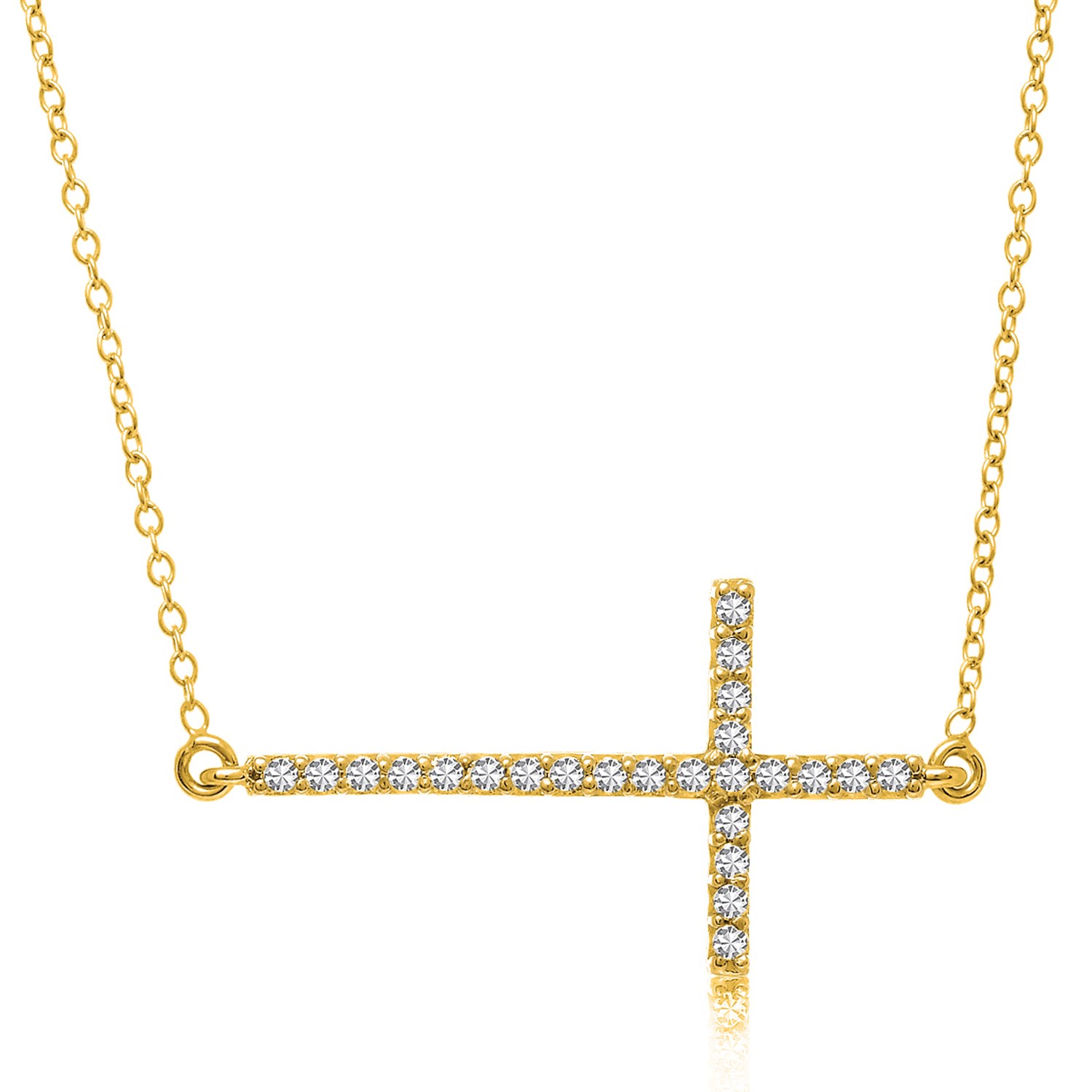 Horizontal Diamond Accented Cross Necklace in 14K Yellow Gold (1/4 ct ...