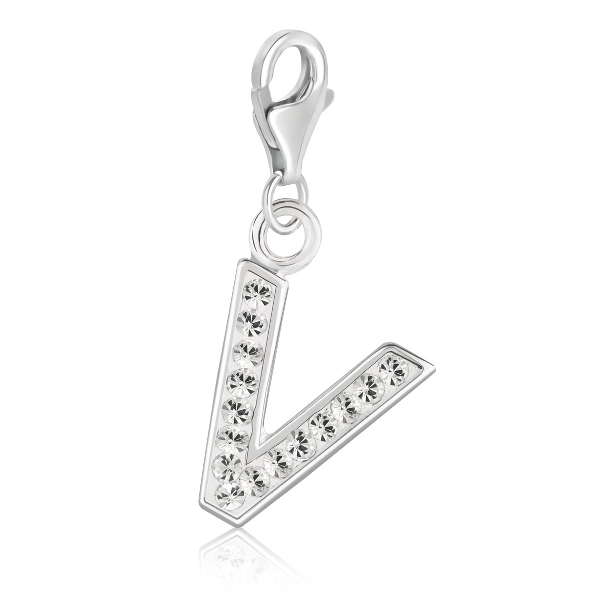 Letter V Charm with White Tone Crystal Accents in Sterling Silver ...