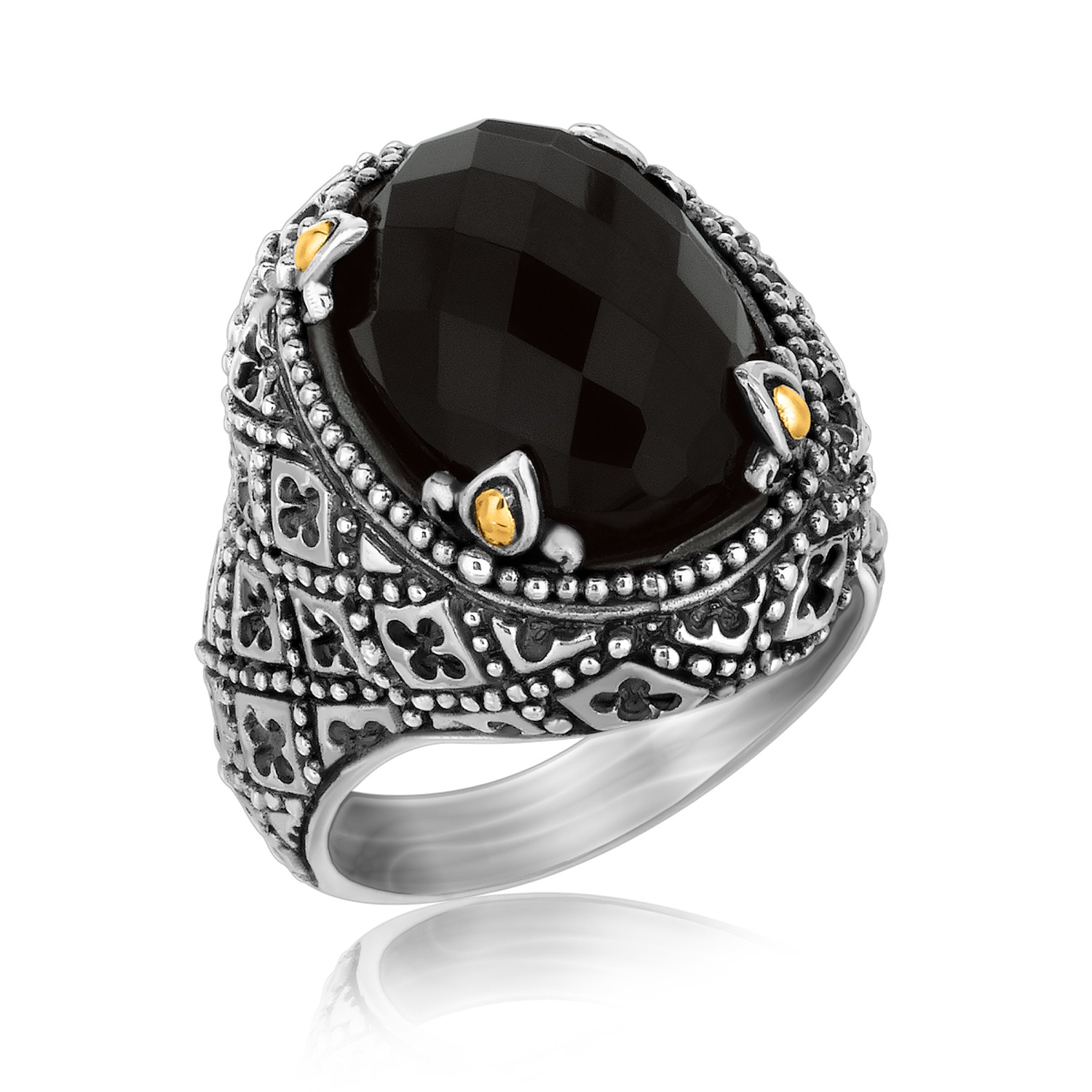 Oval Black Onyx Accented Vintage Style Ring in 18K Yellow Gold and ...