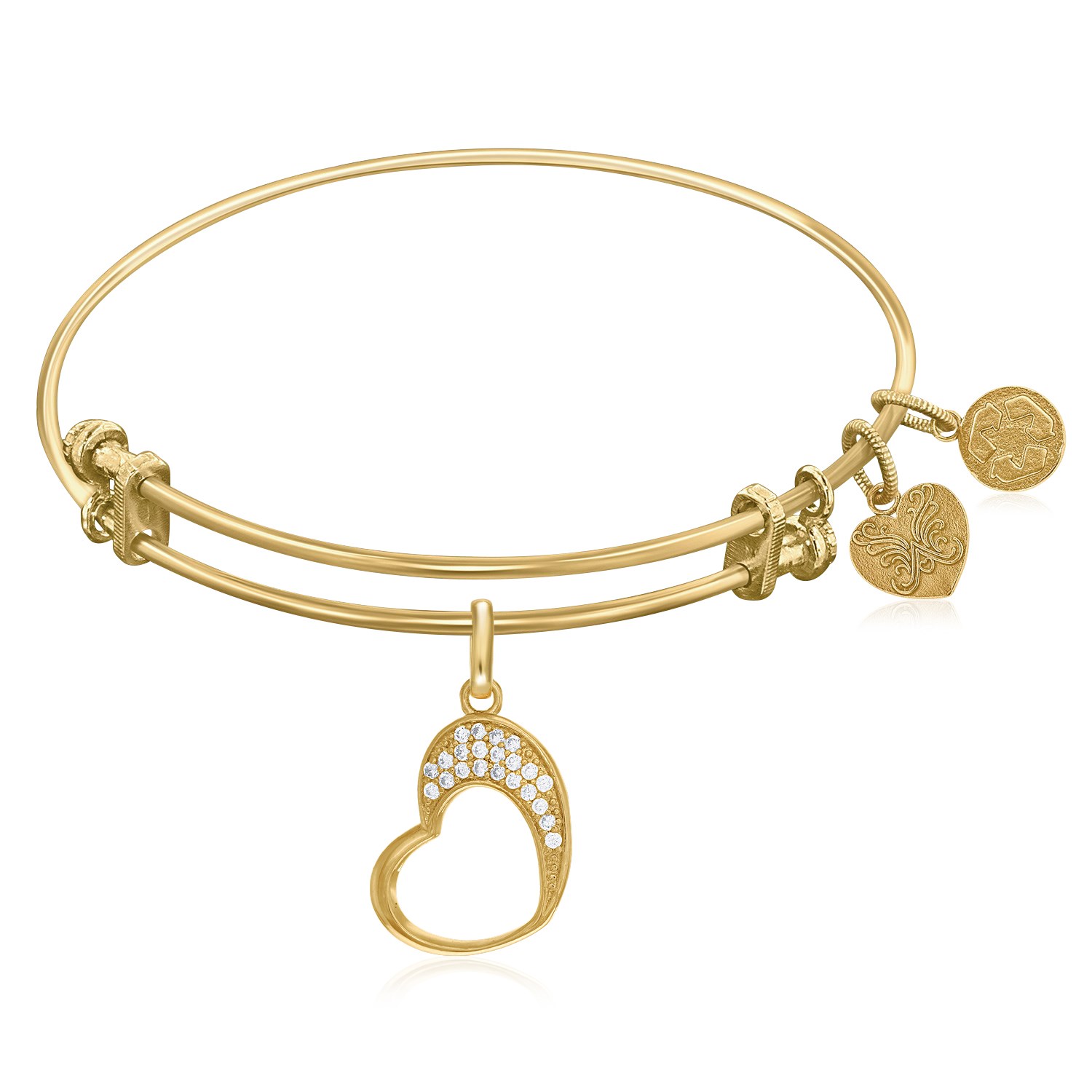 Expandable Yellow Tone Brass Bangle with Open Heart with Cubic Zirconia ...