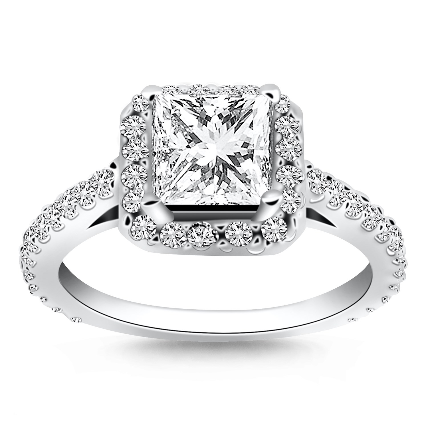 Princess Diamond Halo Cathedral Engagement Ring Mounting in 14k White ...
