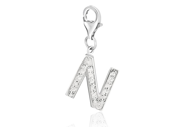 Letter N Charm with White Tone Crystal Accents in Sterling Silver ...