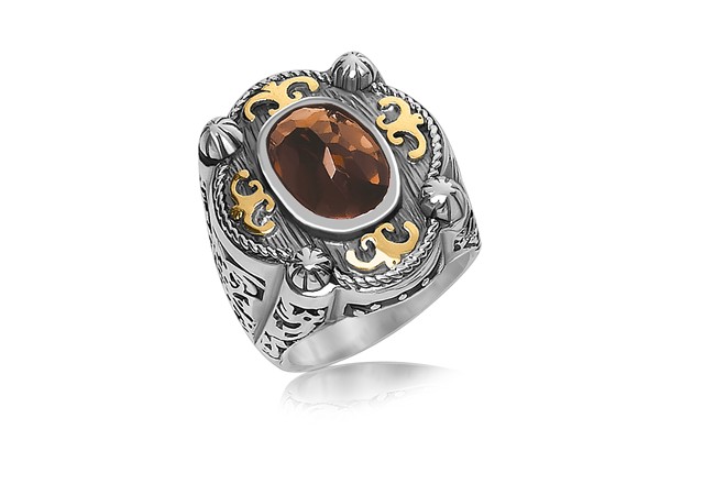 Oval Smokey Quartz Accented Filigree Style Ring in 18K Yellow Gold and