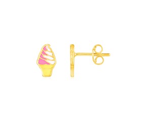 14k Yellow Gold and Enamel Ice Cream Cone Stud Earrings