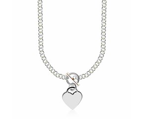 Heart Charmed Rolo Chain Necklace in Rhodium Plated Sterling Silver