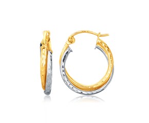 Hammered Twist Motif Hoop Earrings in 14k Two-Tone Gold