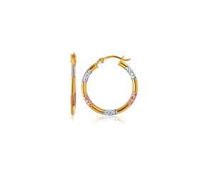 Tri-Color Hoop Earrings with Diamond Cut Accents in 10k Gold(20mm)