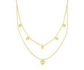 14k Yellow Gold Two Strand Necklace with Puffed Heart Drops