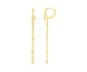 14k Yellow Gold Huggie Style Hoop Earrings with Heart and Long Chain Drops