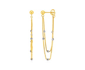 Hanging Chain Post Earrings with Bead Accents in 14k Yellow and White Gold