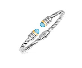Blue Topaz Accented Italian Cable Open Hinged Bangle in 18k Yellow Gold and Sterling Silver