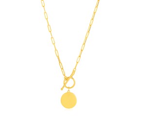 14k Yellow Gold Paperclip Chain Necklace with Circle Pendant