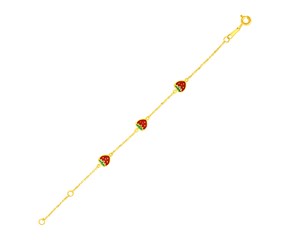 14k Yellow Gold 5 1/2 inch Childrens Bracelet with Enameled Strawberries (1.00 mm)