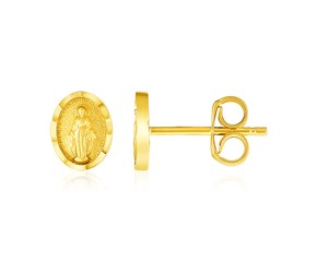 14k Yellow Gold Oval Religious Medallion Post Earrings