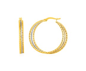 Three Part Textured Hoop Earrings in 14k Yellow and White Gold
