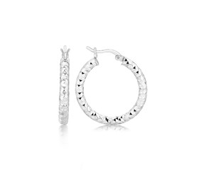 Polished Faceted Hoop Earrings in Rhodium Plated Sterling Silver(3x20mm)