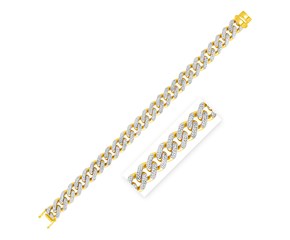 14k Two Tone Gold 8 1/2 inch Curb Chain Bracelet with White Pave (11.50 mm)
