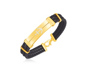 14k Yellow Gold and Rubber Mens Bracelet with Bars and Anchor Motif