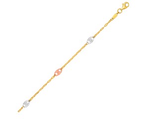 14k Three-Toned Yellow,  White,  and Rose Gold Anklet with Textured Ovals