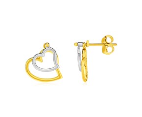 14k Two Tone Gold Post Earrings with Open Hearts