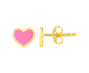 14k Yellow Gold and Enamel Pink Heart Stud Earrings