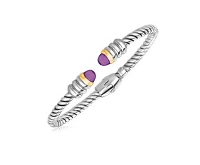 Amethyst Embellished Italian Cable Open Hinged Bangle in 18k Yellow Gold and Sterling Silver