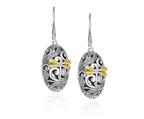Oval Diamond and Dragonfly Earrings in 18k Yellow Gold & Sterling Silver (.53ct)