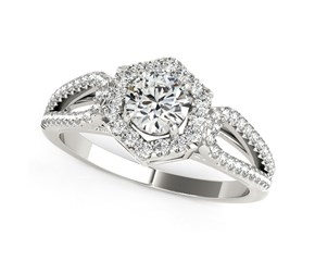 Hexagon Pave Halo Diamond Round Engagement Ring in 14k White Gold (7/8 cttw)