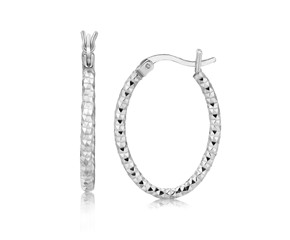 Medium Oval Hoop Earrings with Textured Diamond Cuts in Rhodium Plated Sterling Silver