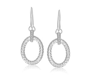 Diamond Accented Cable Oval Drop Earrings in Rhodium Finished Sterling Silver.(.05cttw)