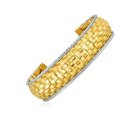 Cuff Bangle with Basket Weave Texture in 14k Yellow and White Gold