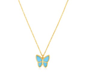 14k Yellow Gold High Polish Butterfly Turquoise Paste Necklace