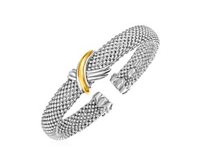 Popcorn Texture Cuff Bangle with X Motif in Sterling Silver and 18k Yellow Gold