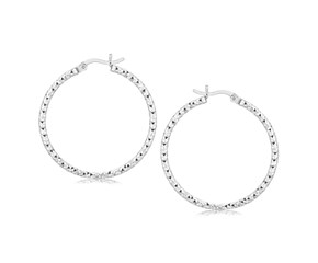 Medium Sized Faceted Style Hoop Earrings in Rhodium Plated Sterling Silver(2x30mm)