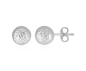 14k White Gold Ball Earrings with Crystal Cut Texture(7mm)