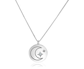 Sterling Silver 18 inch Necklace with Engraved Moon and Stars and Diamonds