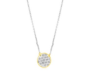 14k Two Tone Gold Textured Circle Necklace with Yellow Gold Details