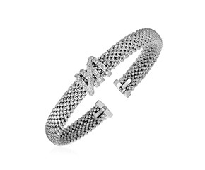 Popcorn Texture Cuff Bangle with Diamonds in Sterling Silver