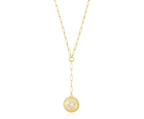 14k Yellow Gold High Polish Star Medallion Two Tone Lariat Necklace