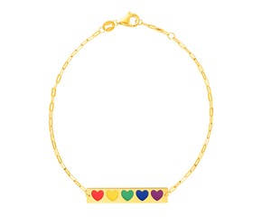 14k Yellow Gold 7 inch Bar Bracelet with Rainbow Enamel Hearts