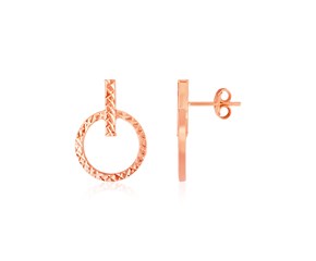 14k Rose Gold Textured Circle and Bar Post Earrings